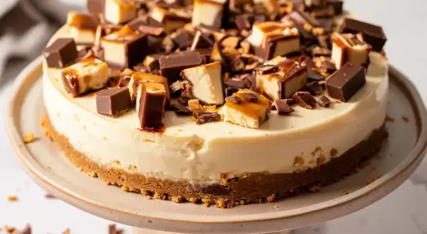 En krämig daim cheesecake toppad med bitar av choklad och karamell. En dröm för alla som älskar daim.