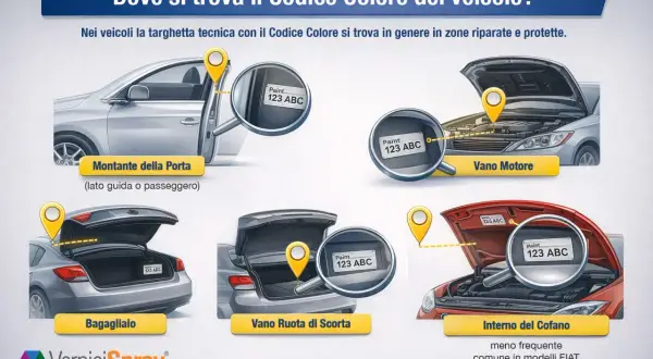 Guida per trovare il codice di un colore auto: montante porta, vano motore, bagagliaio, vano ruota di scorta e interno cofano.