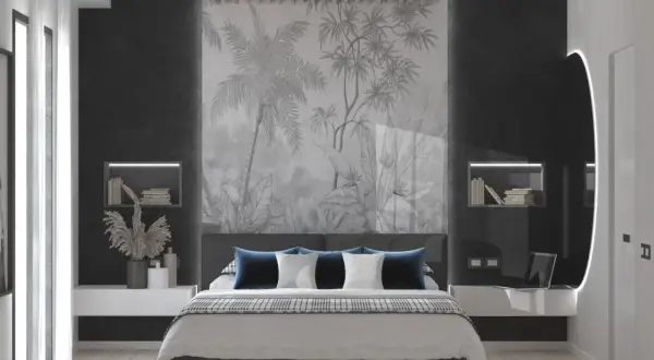 Camera da letto con pareti particolari dietro la testata: un murale tropicale su cartongesso crea un'atmosfera esotica.
