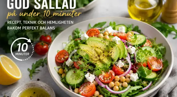 En fräsch grekisk sallad med avokado, tomat, gurka och kikärtor, klar på under 10 minuter.