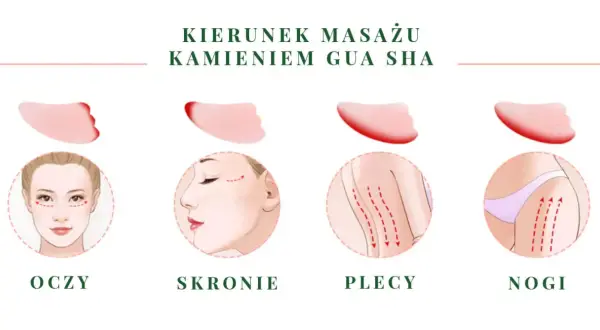 Ilustracja pokazuje kierunki masażu kamieniem gua sha na oczy, skronie, plecy i nogi.