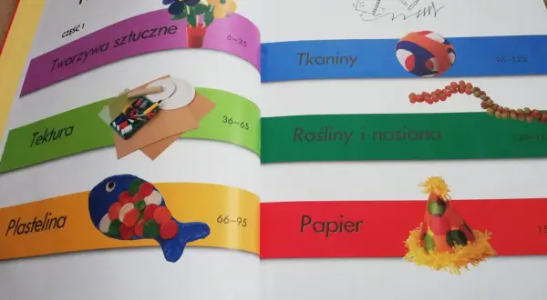Książka praca plastyczna dla dzieci: tworzywa sztuczne, tektura, plastelina, tkaniny, rośliny i nasiona, papier.