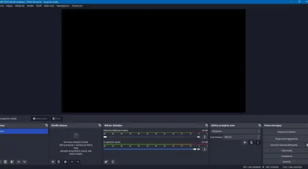OBS Studio pokazuje, jak nagrywać ekran na komputerze. Widzisz panel sterowania, mikser dźwięku i miejsce na źródła obrazu.