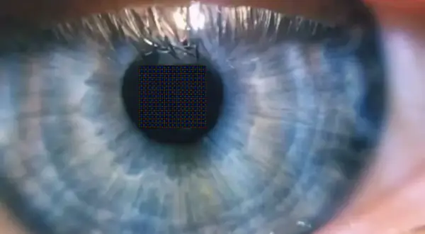 Un occhio umano, con un reticolo di pixel sovrapposto, suggerisce quanti pixel ha l'occhio umano.