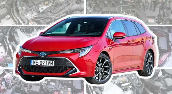 Czerwona Toyota Corolla 2018 kombi z widocznym silnikiem w tle.