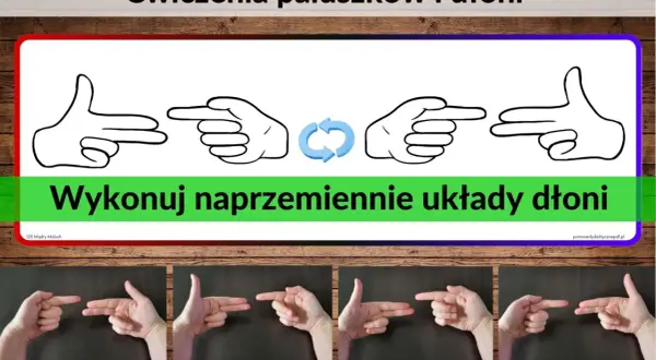 Ćwiczenie chwytu: naprzemienne układy dłoni, pokazane na rysunkach i zdjęciach.
