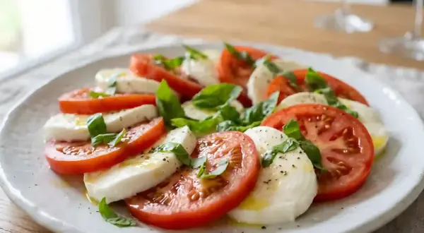 Salade Caprese fraîche avec des tranches de tomates rouges, de mozzarella crémeuse et des feuilles de basilic vert, arrosée d'huile d'olive.