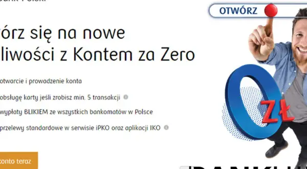 PKO BP: otwórz konto za zero, z możliwością dopisania współwłaściciela. Mężczyzna klika przycisk "Otwórz".