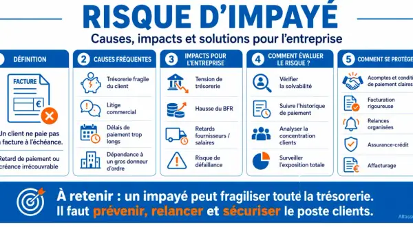 Infographie sur le risque d'impayé : causes, impacts et solutions. Elle détaille les définitions, les causes fréquentes, les impacts pour l'entreprise, comment évaluer le risque et comment se protéger, notamment contre les créances irrécouvrables.