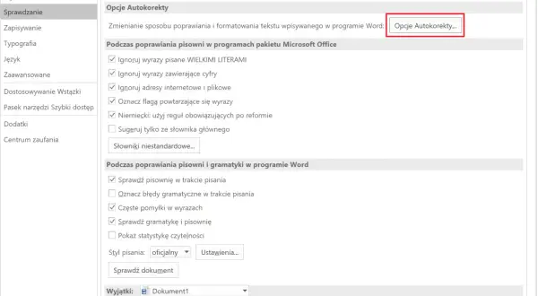 Ustawienia autokorekty w programie Word. Kliknij "Opcje Autokorekty", aby dowiedzieć się, jak wyłączyć autokorektę.