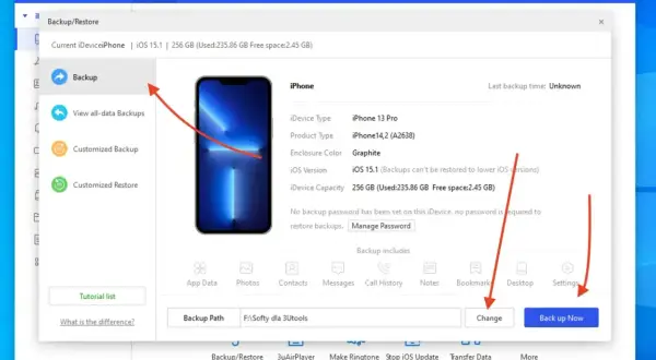 Jak zrobić kopię zapasową telefonu iPhone 13 Pro? Kliknij "Backup" i "Back up Now", aby rozpocząć proces tworzenia kopii zapasowej.