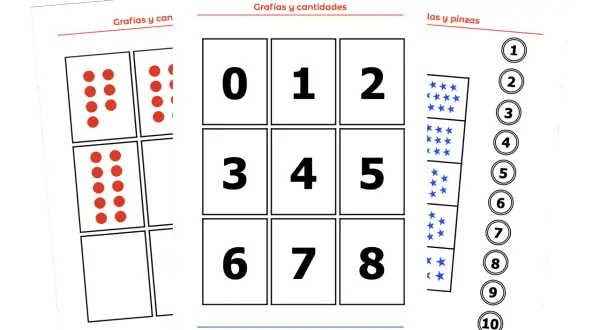 Tarjetas con números para repasar, puntos rojos y estrellas azules. Ideal para aprender las cantidades.