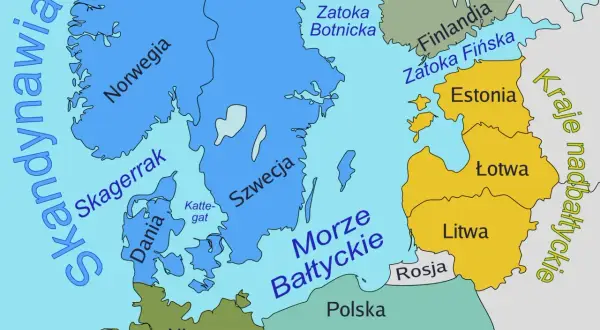 Mapa Europy Północnej z zaznaczonym Morzem Bałtyckim, Skandynawią, krajami bałtyckimi i Polską. Widać tu wyspy na Bałtyku.
