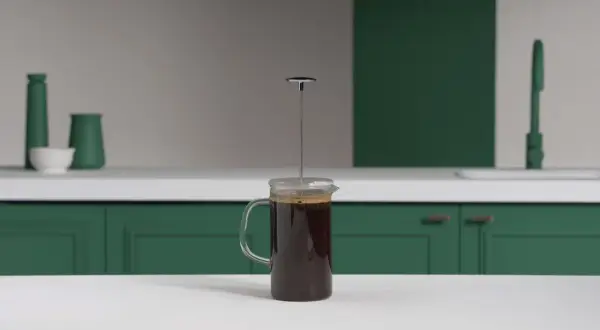 En kaffepress med mörkt kaffe redo att pressas. Köksbänk med gröna skåp och en kran i bakgrunden.