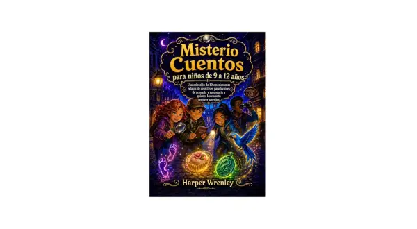 Ilustración de portada de "Misterio Cuentos", ideal para libros de misterio para niños de 10 a 12 años. Cuatro jóvenes detectives investigan pistas brillantes.
