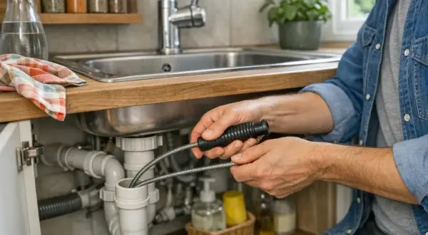 Un homme utilise un furet pour déboucher une canalisation sous un évier. Il manipule l'outil avec soin pour résoudre le problème.