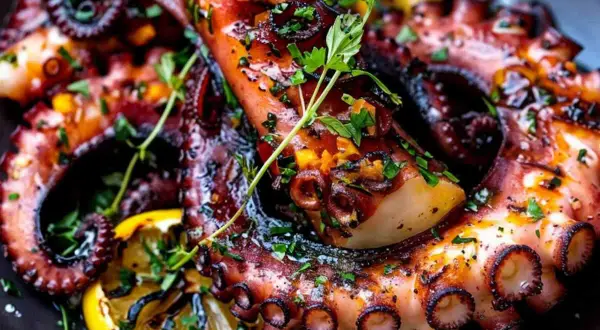 Delicioso pulpo a la brasa, tierno y jugoso, servido con rodajas de limón asado y perejil fresco picado. ¡Un manjar para disfrutar!