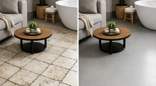 Avant/après : un sol carrelé vieilli transformé en une surface lisse et moderne grâce à une résine.