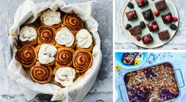 Kanelbullar med glasyr, chokladbitar med bär och en blåbärscrumble. Inspiration för vad man kan baka utan smör.
