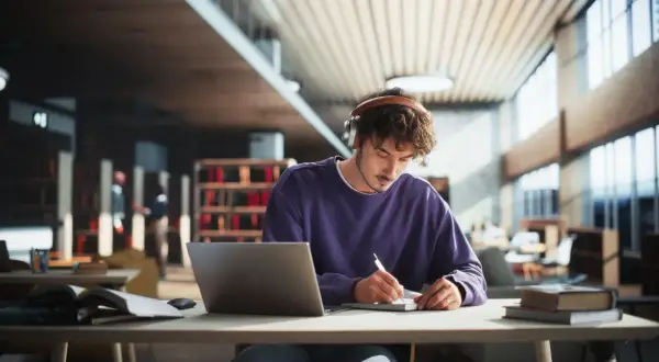 Junger Mann mit Kopfhörern lernt konzentriert in einer Bibliothek. Sein **online Studium Bayern** läuft gut.