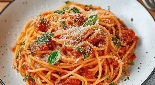 Ein Teller Spaghetti Napoli mit Tomatensauce, Basilikum und Parmesan.