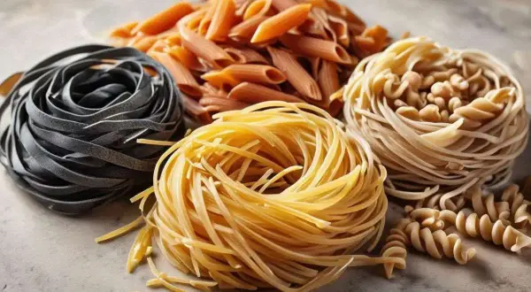 Olika sorters pasta: mörka tagliatelle, gula tagliatelle, penne och fusilli. En visuell jämförelse av fullkornspasta vs vanlig pasta.