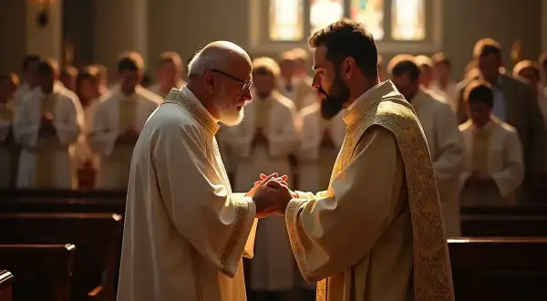 Biskup i młody ksiądz trzymają się za ręce w kościele. W tle wierni.