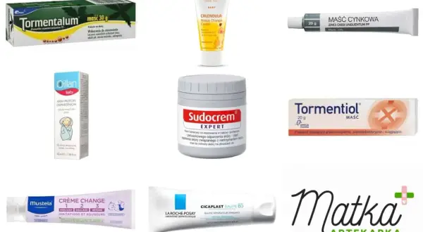 Kremy i maści na odparzoną pupę: Tormentalum, Oillan Baby, Sudocrem, Maść cynkowa, Tormentiol, Mustela Crème Change, La Roche-Posay Cicaplast.