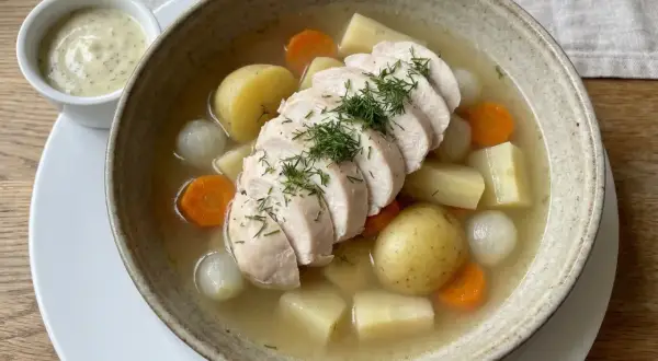 Varm kycklingsoppa med potatis, morötter och lök. En klick krämig sås står bredvid. Perfekt innertemp kycklingfile för en mysig middag.