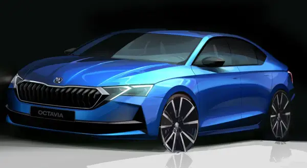 Niebieska Skoda Octavia w zbliżeniu, prezentująca nowy design przodu.