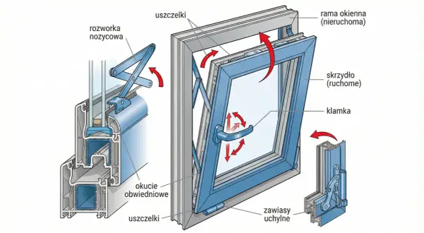 Ilustracja pokazuje mechanizm okna uchylnego. Zobacz, jak działa klamka i rozwórka nożycowa, by otworzyć okno uchylne.