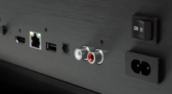 Widok z tyłu urządzenia: złącza HDMI, Ethernet, USB, RCA (białe i czerwone) oraz gniazdo zasilania. Tak wygląda wejście aux.