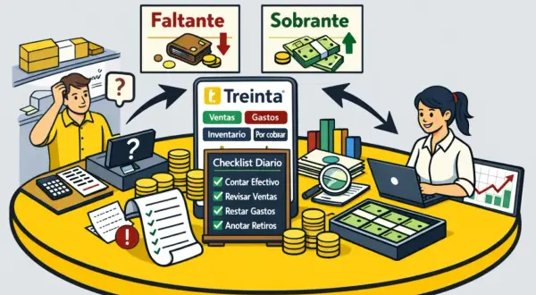 Ilustración muestra cómo emprender un negocio con un checklist diario para controlar ventas, gastos y efectivo.
