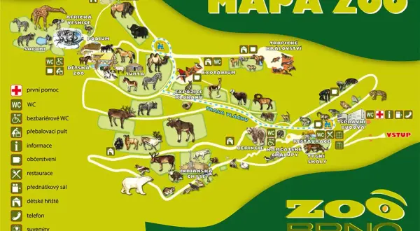 Mapa Zoo Brno zlokalizuje atrakcje dla dzieci, takie jak safari, jurta, dziecięce zoo i plac zabaw.