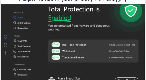 Interfejs TotalAV z włączoną ochroną przed złośliwym oprogramowaniem, w tym ransomware. Ochrona w czasie rzeczywistym i WebShield zapewniają bezpieczeństwo.
