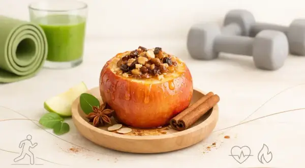 Pyszne, pieczone jabłka dietetyczne z bakaliami, obok zielonego smoothie i hantli. Idealne dla aktywnych!