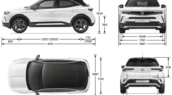 Opel Mokka wymiary: długość 4151 mm, szerokość 1791 mm, wysokość 1534 mm. Kompaktowy SUV z wyraźnymi liniami.