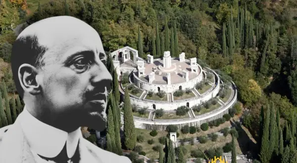 Ritratto di Gabriele D'Annunzio sovrapposto al Vittoriale degli Italiani a Salò, un complesso monumentale immerso nel verde.