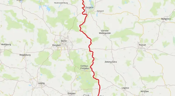 Mapa z zaznaczoną trasą rowerową Odra-Nysa, od Świnoujścia do okolic Wałbrzycha.