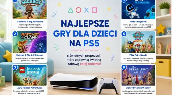 Najlepsze gry dla dzieci na PS5: Sackboy, Ratchet & Clank, LEGO Horizon, Astro's Playroom, Psi Patrol i Disney Dreamlight Valley.