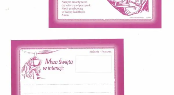 Ilustracja przedstawia kartkę z napisem "Msza Święta w intencji" oraz rysunek dłoni trzymającej kielich.