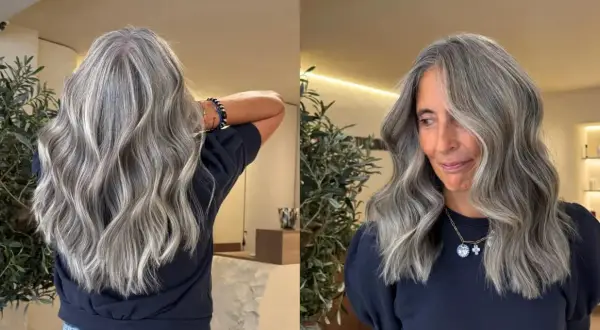 Magnifique coloration sur cheveux gris, avec des reflets argentés et des ondulations douces. Une allure élégante et moderne.