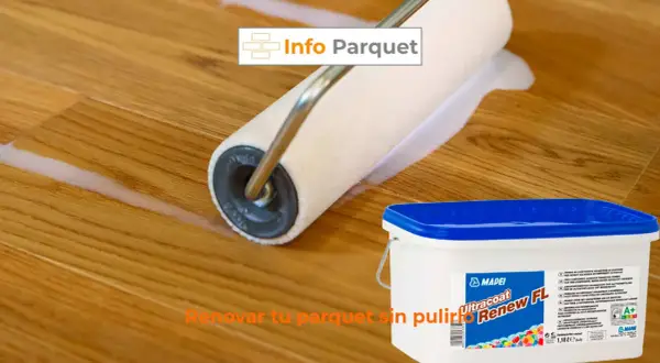 Rodillo aplicando producto para recuperar parquet blanquecino. Cubo de Mapei Ultracoat Renew FL.