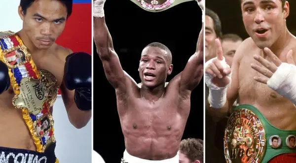 Manny Pacquiao, Floyd Mayweather, and Oscar De La Hoya, three of the best P4P boxers of all time, celebrate championship wins with their belts.