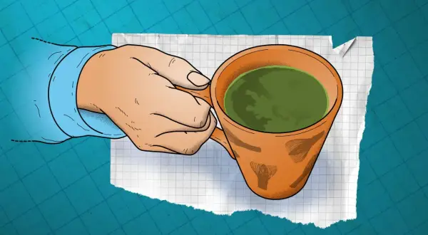 En hand håller en kopp grönt te. Finns det koffein i te? Ja, det gör det, men mindre än i kaffe.