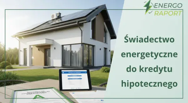 Nowoczesny dom z panelami słonecznymi i klimatyzatorem. Na stole leży świadectwo charakterystyki energetycznej, idealne do uzyskania kredytu hipotecznego na dom energooszczędny.