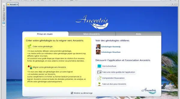 Interface du logiciel de généalogie Ancestris, proposant de créer ou migrer une généalogie. Ancestris gratuit pour tous vos ancêtres.