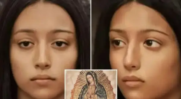 Rekonstrukcja twarzy Maryi z Guadalupe. Obok tradycyjny wizerunek Matki Boskiej.