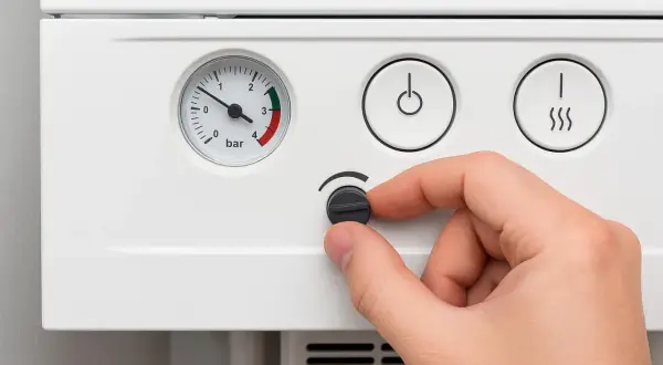 Dłoń kręci pokrętłem termostatu, by włączyć ogrzewanie w kotle De Dietrich. Widoczny manometr i przyciski.