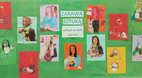 Kolaże w stylu pop-art przedstawiające postacie z psami, twarzami i elementami popkultury. Zabawa sztuką w wydaniu dziecięcym.